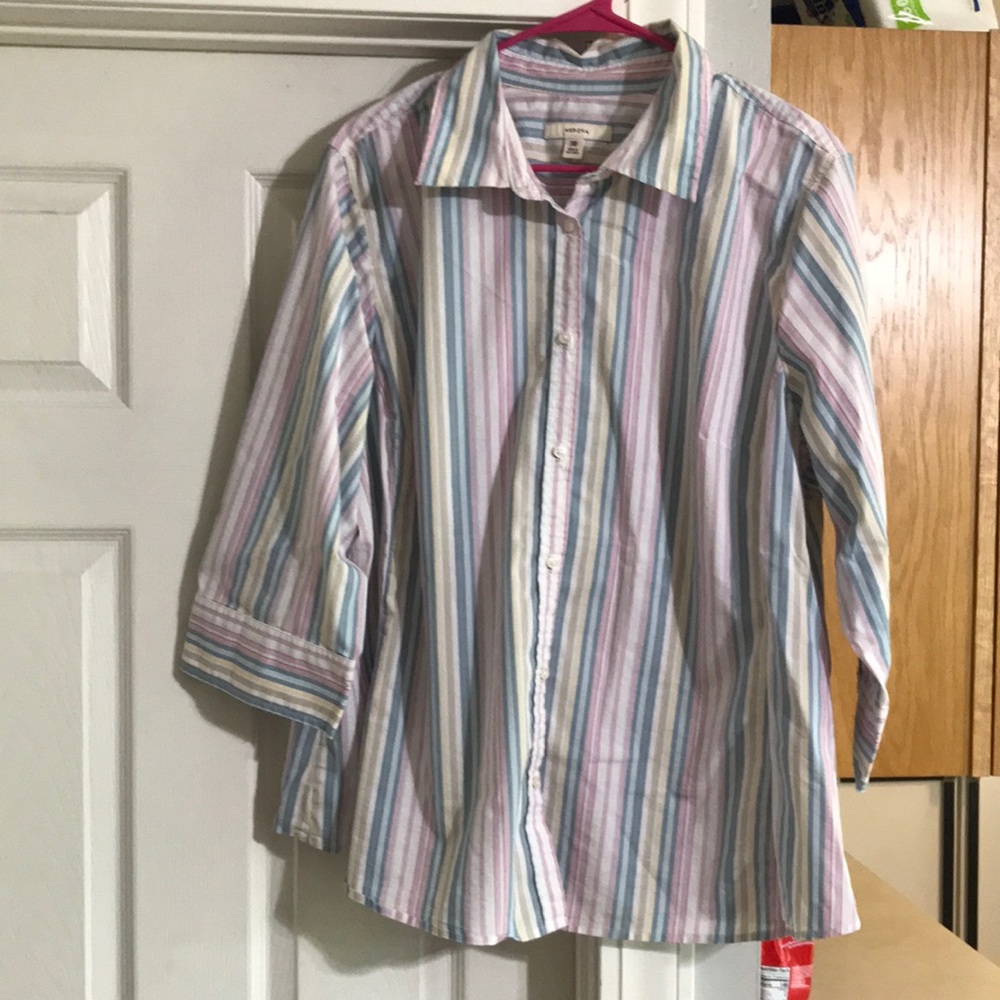 2/$10 Merona Blue Pink and Tan Striped Button Down